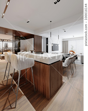 Designer kitchen studio and living room with kitchen island with attached dining table with designer chairs in light colors and slat furniture. 100018144