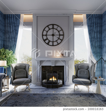 Fireplace area with two soft armchairs and a white fireplace with a designer large clock and two windows on the sides. Fireplace area with two soft armchairs and a white fireplace with a designer large clock and two windows on the sides. 100018163