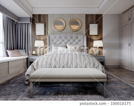 American design bedroom with white large bed with quilted headboard with wall paneling and dark wood parquet. 100018175