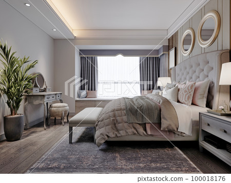 American design bedroom with white large bed with quilted headboard with wall paneling and dark wood parquet. 100018176