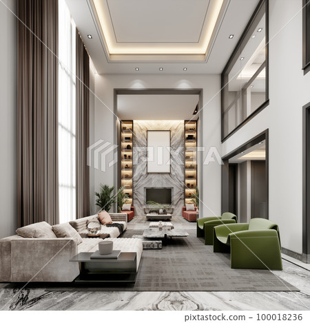 Luxurious living room with high ceilings and large windows and a second floor with colorful designer upholstered furniture in green and white. 100018236