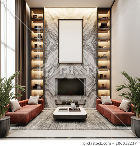 Seating area with terracotta upholstered sofas with high ceilings and designer furniture. Seating area with terracotta upholstered sofas with high ceilings and designer furniture. 100018237
