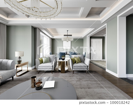 Luxurious modern living room with classic elements with designer modern furniture and walls in pistachio color. Luxurious modern living room with classic elements with designer modern furniture and walls in pistachio color. 100018242