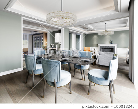 Dining in a modern living room with a trendy six-person dining table with blue upholstered chairs with a black granite server table. Dining in a modern living room with a trendy six-person dining table with blue upholstered chairs with a black granite server table. 100018243