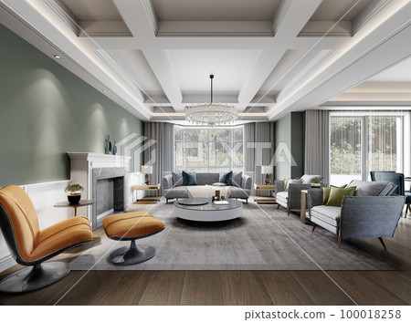 Luxurious modern living room with classic elements with designer modern furniture and walls in pistachio color. 100018258