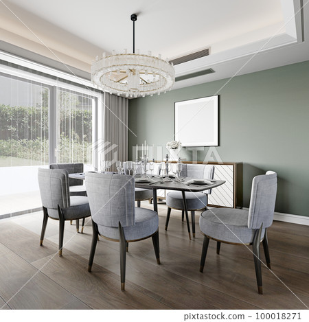 Dining by a large panoramic window with white upholstered designer chairs with a black marble top dining table. 100018271