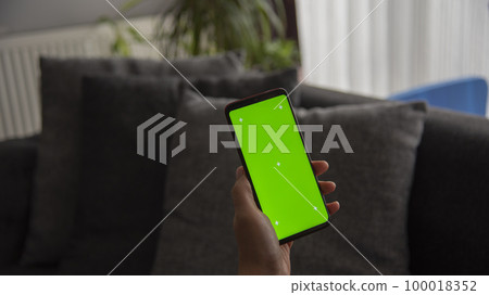 Back view of young europen woman who is using chroma key smartphone screen.She is sitting on the sofa in her cozy living room. 100018352