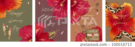 A collection of greeting cards for International Women's Day. Hand-painted watercolor illustration in a fashionable cartoon style of four postcard concepts with tropical spring flowers. 100018713