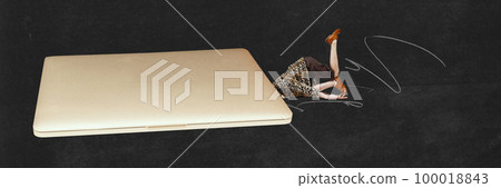 Creative minimalist collage, contemporary modern design about strange woman in abstract laptop. Female in gadget. Concept of communication gadgets, blogger, influencer, social networks and media 100018843
