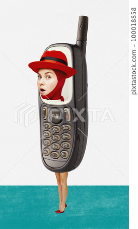 Contemporary modern artcollage about strange woman and retro mobile phone. Female stick out from gadget screen. Vintage objects 100018858