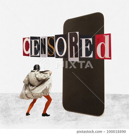 Creative minimalist collage, contemporary modern design about strange man and big mobile phone. Concept of smartphone, communication gadgets, blogger, influencer 100018890