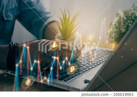 Casual Businessman Hold Office Plants and Color Slant Cryptocurrency and Stock Chart and Line Graph in Vintage Tone Casual Businessman Hold Office Plants and Color Slant Cryptocurrency and Stock Chart and Line Graph in Vintage Tone 100019061