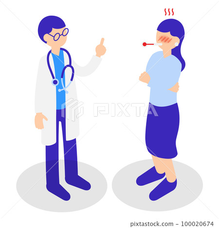 Isometric illustration of a woman who consults with symptoms of fever and cold 100020674