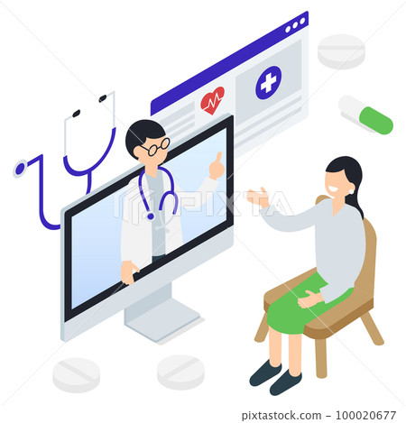 Isometric illustration of online medical consultation with doctor at home 100020677