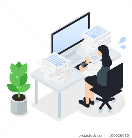 有大量加班和工作的辦公室工作人員的等軸圖 100020680
