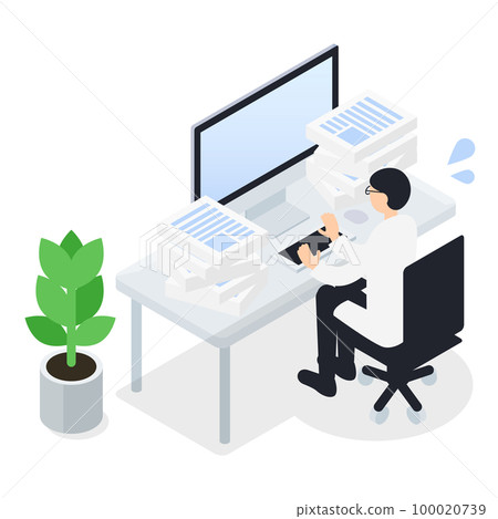 Isometric illustration of a male doctor who has a lot of overtime and work 100020739