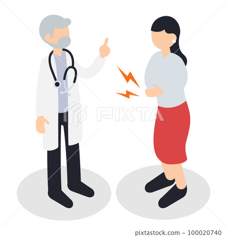 Isometric illustration of a woman and a doctor who consult with abdominal pain 100020740