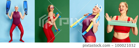Collage. Portraits of emotional woman posing in different outfits over multicolored studio background. Diverse hobby and activity 100021032