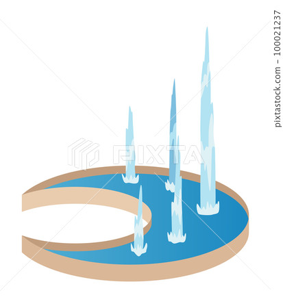 Isometric fountain icon for outdoor park. Modern architecture decor symbol with splashing drops. Vector city infographic with water decoration elements 100021237
