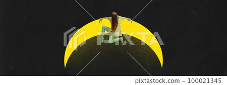 Contemporary surreal art collage, design. Young woman with moon goddess symbol isolated over black. Concept of witch, diabolism, astrology, alchemy, boho and magic symbol. Copy space, ad Contemporary surreal art collage, design. Young woman with moon goddess symbol isolated over black. Concept of witch, diabolism, astrology, alchemy, boho and magic symbol. Copy space, ad 100021345