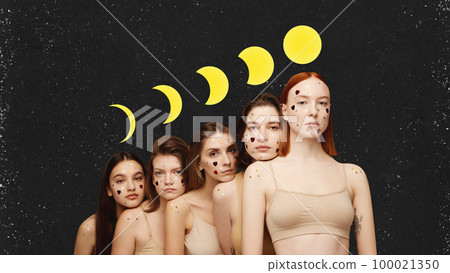 Life energy and stages of growth of moon. Contemporary surreal art collage. Young women standing with moon goddess symbol isolated over black. Life energy and stages of growth of moon. Contemporary surreal art collage. Young women standing with moon goddess symbol isolated over black. 100021350
