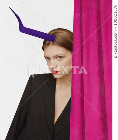 Fortune teller woman concept. Gypsy oracle. Divination. Contemporary surreal art collage, design. Young woman with horn on head as symbol. Concepts of witch, diabolism, astrology, magic. Fortune teller woman concept. Gypsy oracle. Divination. Contemporary surreal art collage, design. Young woman with horn on head as symbol. Concepts of witch, diabolism, astrology, magic. 100021376