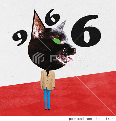 Fortune teller woman concept. Gypsy oracle. Divination. Contemporary surreal art collage, design. Young woman with cat head and number 6 as symbol. Concepts of witch, diabolism, astrology, magic. 100021388