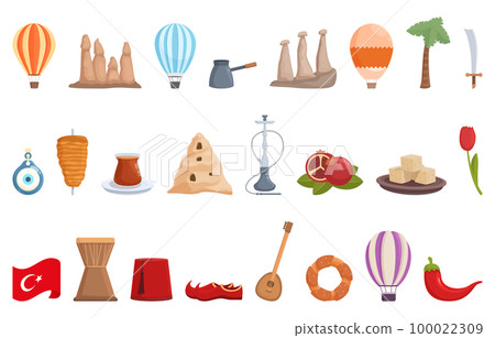 Cappadocia icons set cartoon vector. Travel balloon. Sky summer 100022309