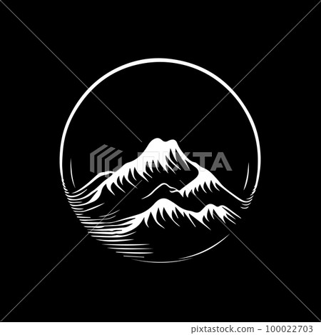 Minimalistic logo template, white icon of mountain silhouette on black background, modern logotype concept for business identity, t-shirts print, infographic pictogram Vector illustration 100022703