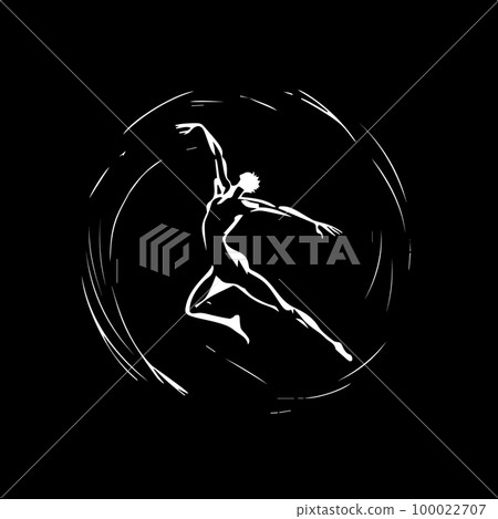Minimalistic logo template, white icon of gymnast silhouette on black background, modern logotype concept for business identity, t-shirts print, infographic pictogram Vector illustration 100022707