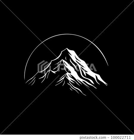 Minimalistic logo template, white icon of mountain silhouette on black background, modern logotype concept for business identity, t-shirts print, infographic pictogram Vector illustration 100022711