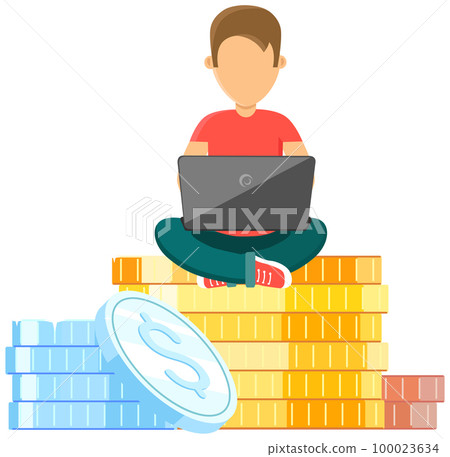 Male employee sitting on pile of gold coins with laptop and working remotely to earn money Male employee sitting on pile of gold coins with laptop and working remotely to earn money 100023634