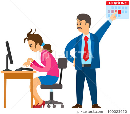 Woman works at computer to finish task before deadline. Angry boss in office urges employee 100023650