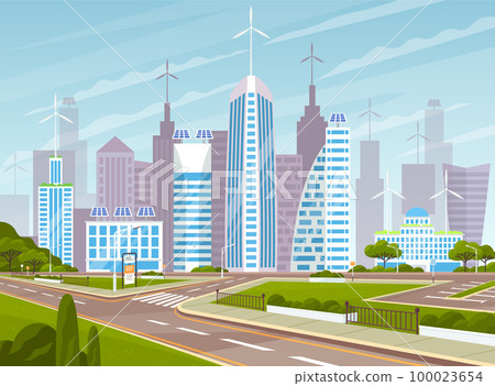 Landscape with nature and modern buildings. Cityscape of town center. Roads with markup in city 100023654