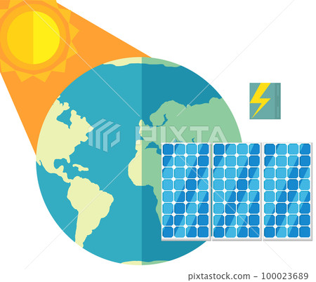 Production of green electricity without harm to environment. Sun illuminates solar panels on Earth Production of green electricity without harm to environment. Sun illuminates solar panels on Earth 100023689