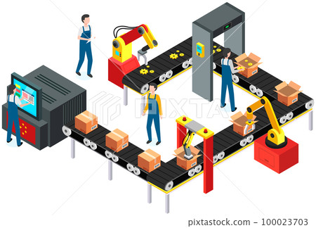 Man puts parcels in cardboard boxes. Conveyor with gears, spare parts passing through metal detector 100023703