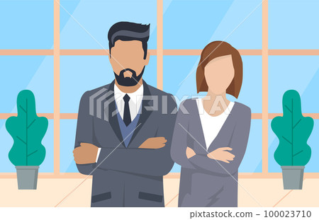 Confident businessman and businesswoman in office outfit standing together in office workspace 100023710
