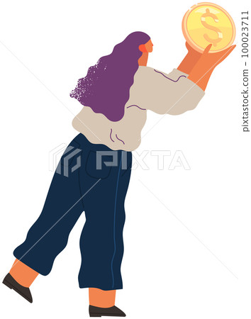 Female character with coin in hands. Girl holding gold dollar penny. Money donation, investment 100023711