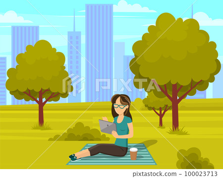 Woman is sitting in park and reading e-book. Girl spends time outdoors holding tablet pc in hands 100023713