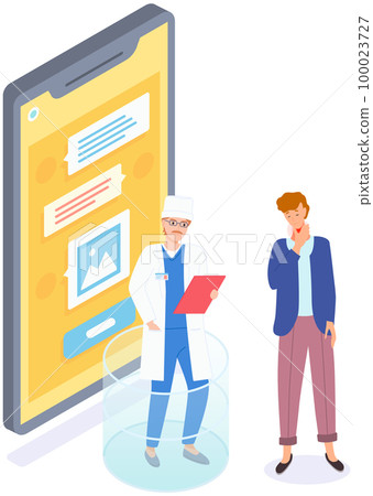 Man with pain in throat communicating with otolaryngologist on online consultation via messenger 100023727