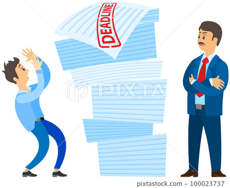 Man doing paperwork to finish task. Boss urges employee to complete assignment defore deadline Man doing paperwork to finish task. Boss urges employee to complete assignment defore deadline 100023737