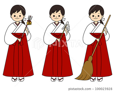 A set of 3 shrine maidens with a smile and holding a demon arrow, a large coin, and a broom (with main line) 100023928