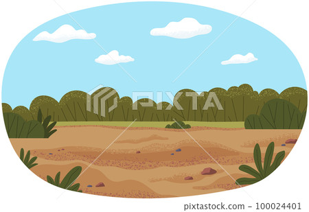 Forest glade with greenery. Landscape of nature, plants, flora. Clearing with bushes and trees 100024401