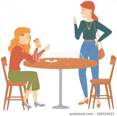 Girlfriend sitting in cafe drink tea or coffee. Women spend time and talking in cafeteria together Girlfriend sitting in cafe drink tea or coffee. Women spend time and talking in cafeteria together 100024423