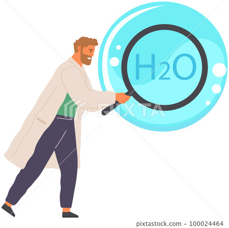 Scientist with magnifier makes analysis of water molecule structure, studies chemical formula H2O Scientist with magnifier makes analysis of water molecule structure, studies chemical formula H2O 100024464