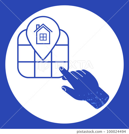 Human hand points to map of area with home icon, housing mark. Gps navigation, orientation 100024494