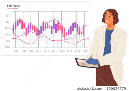 Scientist works with data analytics and research of statistics. Woman with loupe looking at chart 100024579