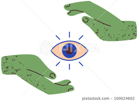 Hands open around masonic, spirituality symbol. Open all-seein eye levitates between human palms 100024602