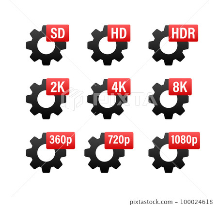 Video resolution labels. 360 720p 1080p 2k 4k 6k 8k HDR. Video resolution labels. 360 720p 1080p 2k 4k 6k 8k HDR. 100024618