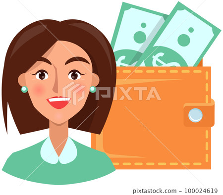Adult happy businesswoman with cash, money, banknotes. Positive woman near currency bills, dollars in wallet Adult happy businesswoman with cash, money, banknotes. Positive woman near currency bills, dollars in wallet 100024619